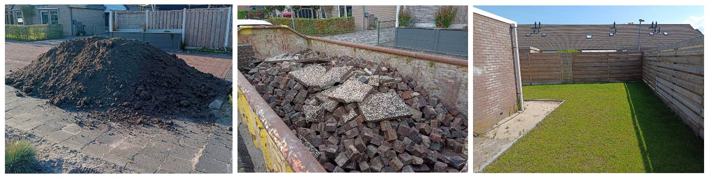 Tuin vergroenen, tegels eruit, zand erin en uiteindelijk een groene grasmat