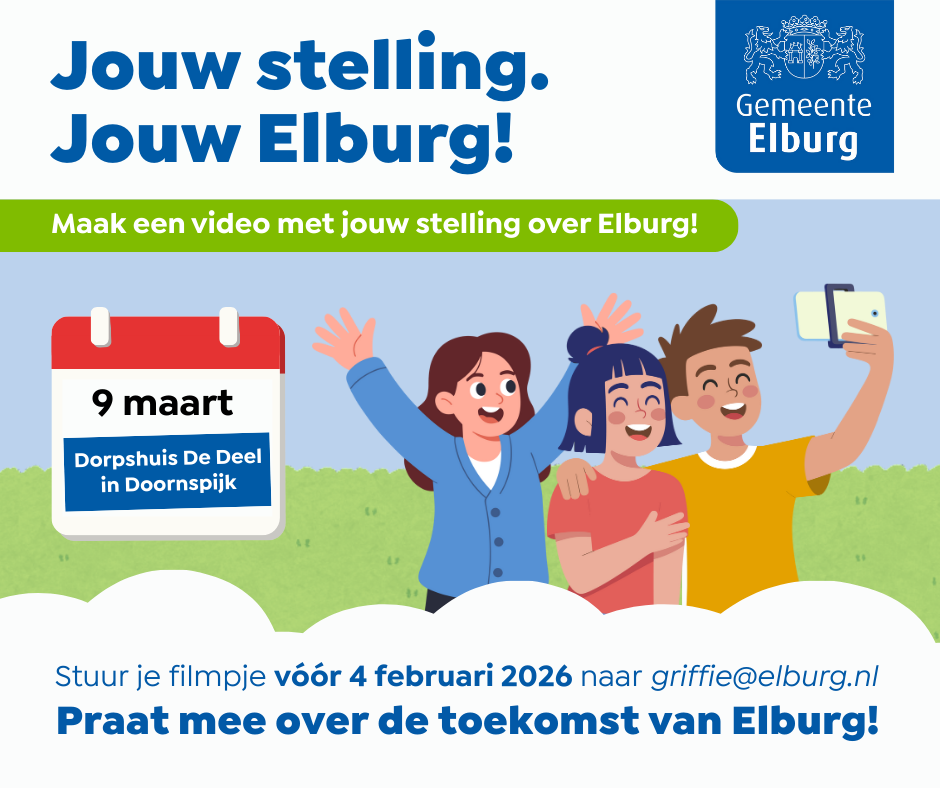 Jouw stelling. Jouw Elburg! Maak een video met jouw stelling over Elburg! Stuur je filmpje vóór 4 februari 2026 naar griffie@elburg.nl. Praat mee over de toekomst van Elburg!