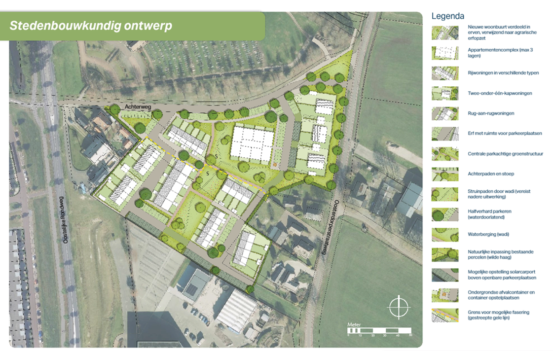 Stedenbouwkundig ontwerp. Legenda: Nieuwe woonbuurt verdeeld in erven, verwijzend naar agrarische erfopzet. Appartementencomplex (max 3 lagen). Rijwoningen in verschillende typen. Twee-onder-één-kapwoningen. Rug-aan-rugwoningen. Erf met ruimte voor parkeerplaatsen. Centrale parkachtige groenstructuur. Achterpaden en stoep. Struinpaden door wadi (vereist nadere uitwerking). Halfverhard parkeren (waterdoorlatend). Waterberging (wadi). Natuurlijke inpassing bestaande percelen (wilde haag). Mogelijke opstelling solarcarport boven openbare parkeerplaatsen. Ondergrondse afvalcontainer en container opstelplaatsen. Grens voor mogelijke fasering (gestreepte gele lijn).
