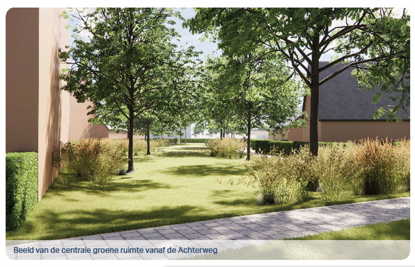 Beeld van de centrale groene ruimte vanaf de Achterweg